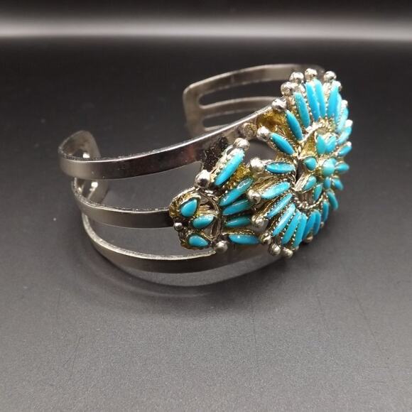 Vintage Faux Turquoise Silver Tone Cuff Bracelet, Southwestern, 5 1/2 Inches - Picture 4 of 6